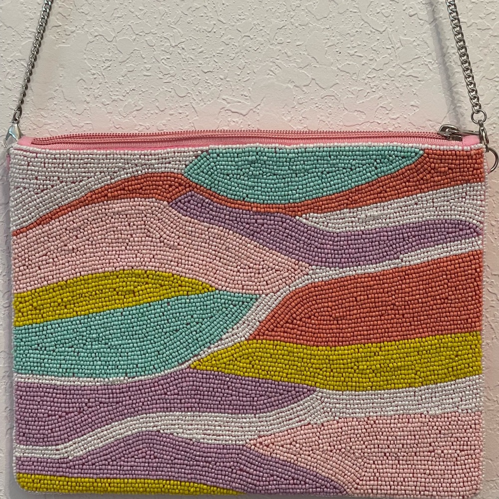 NWT Pastel Pink Purse. Beaded front with several pastel colors.